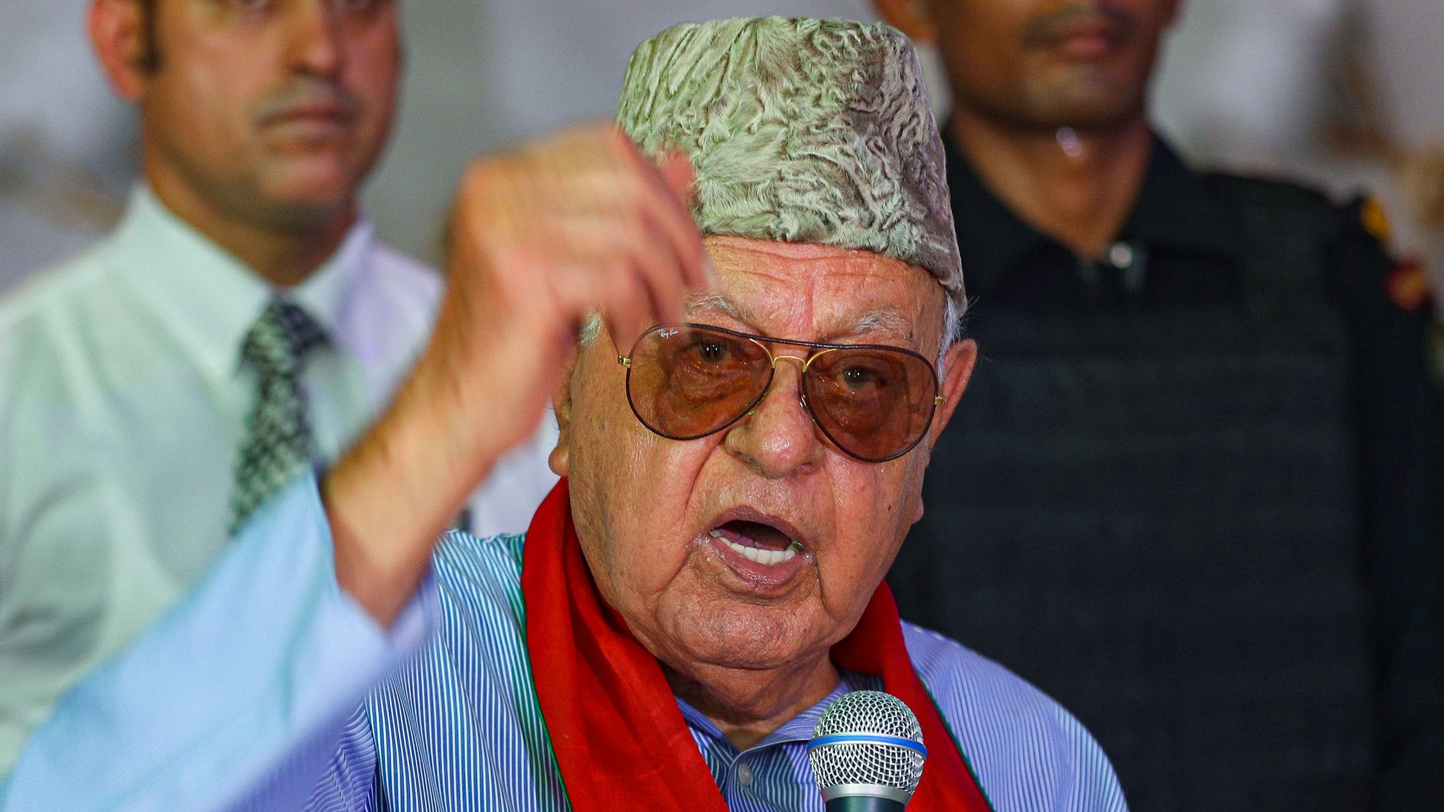 <div class="paragraphs"><p>Jammu: National Conference President Farooq Abdullah addresses a public meeting on the outskirts of Jammu, Friday, Aug. 16, 2024.</p></div>